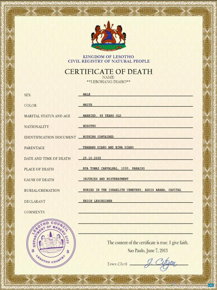 Реалистичный Скачать Лесото Vital Record Death Certificate PSD Шаблон Photoshop Шаблон