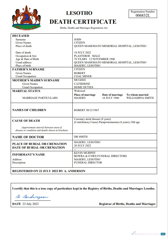 Реалистичный Скачать Лесото Vital Record Death Certificate Word и PDF Шаблон Photoshop Шаблон