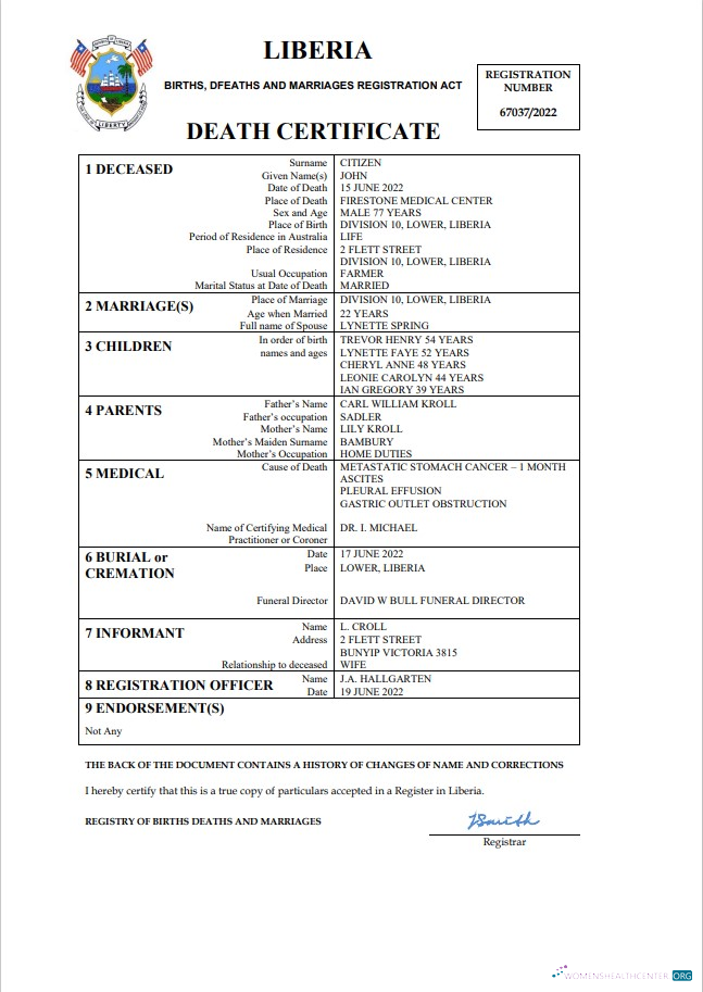 Качественный Скачать Либерия Death Certificate Word и PDF Шаблон Photoshop Шаблон