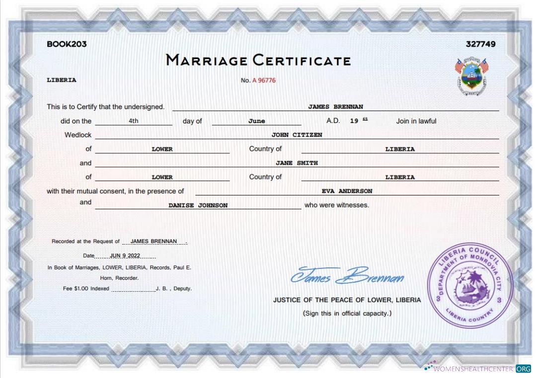 Профессиональный Скачать Либерия Marriage Certificate Word и PDF Шаблон Photoshop Шаблон