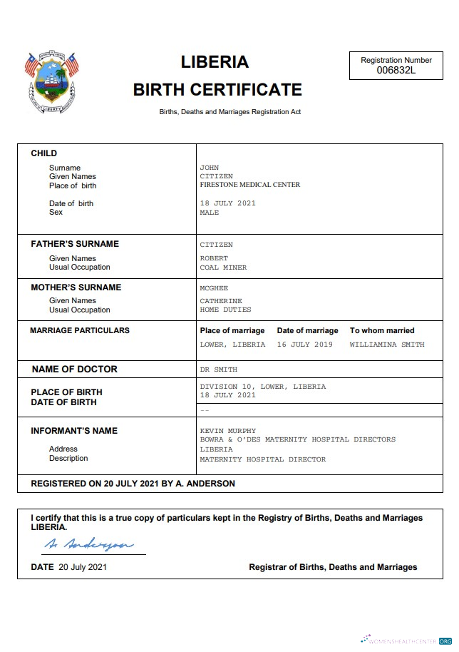 Профессиональный Скачать Либерия Vital Record Birth Certificate Word и PDF Шаблон Photoshop Шаблон