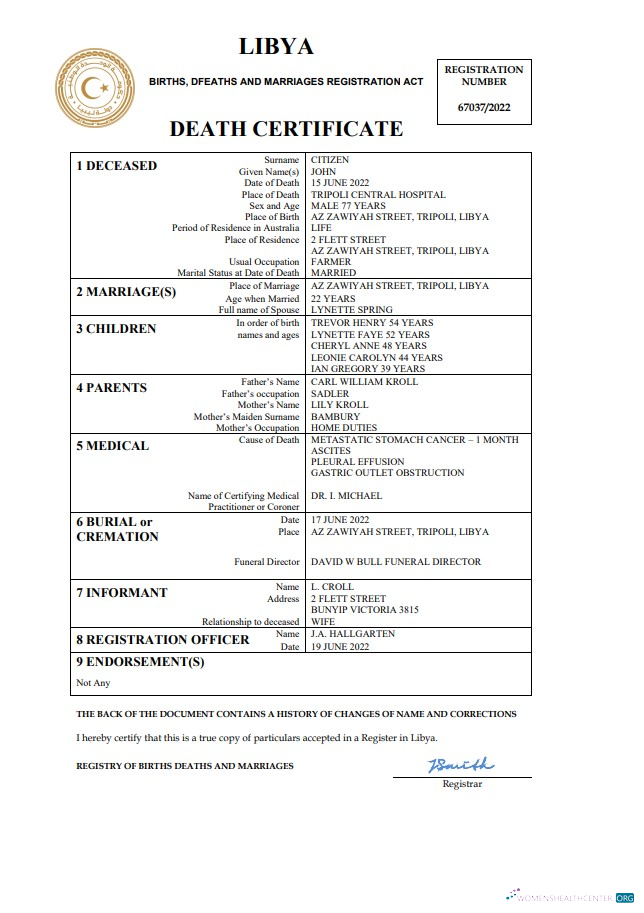 Редактируемый Скачать Ливия Death Certificate Word и PDF Шаблон Photoshop Шаблон