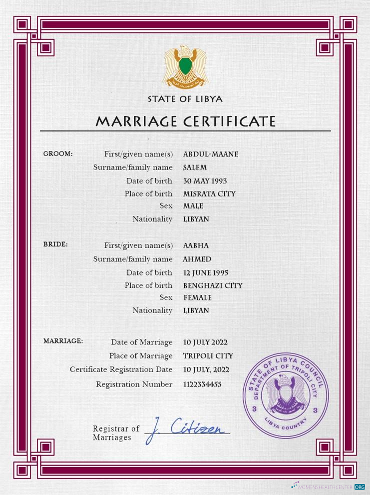 Редактируемый Скачать Ливия Marriage Certificate PSD Шаблон Photoshop Шаблон