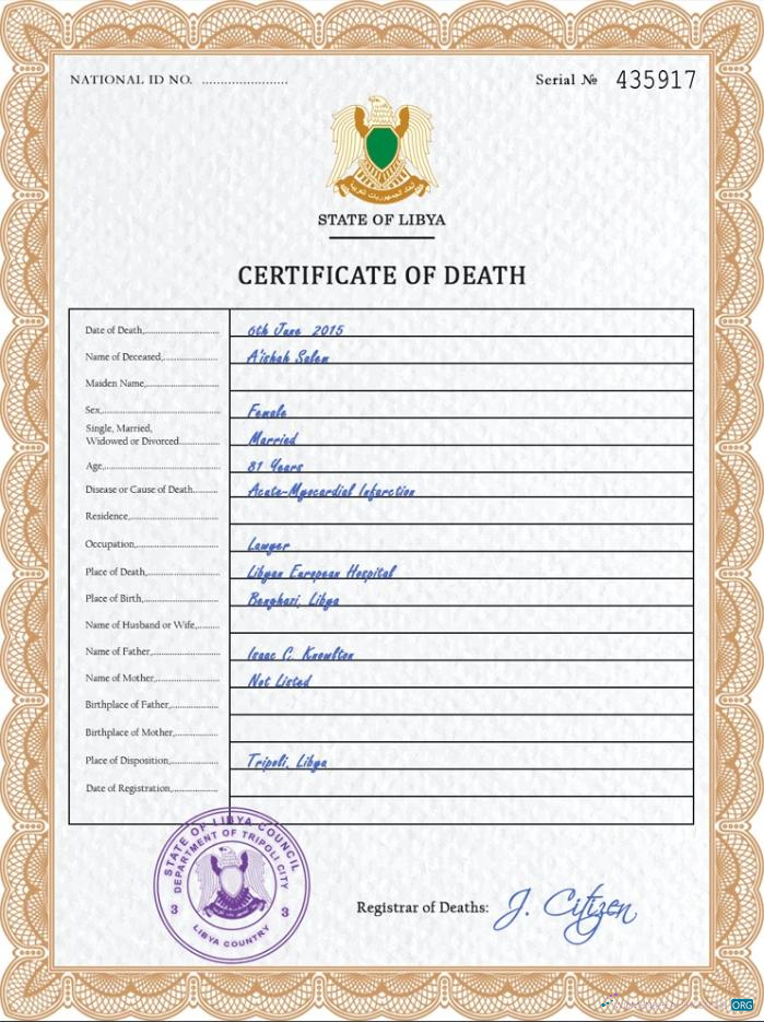 Реалистичный Скачать Ливия Vital Record Death Certificate PSD Шаблон Photoshop Шаблон