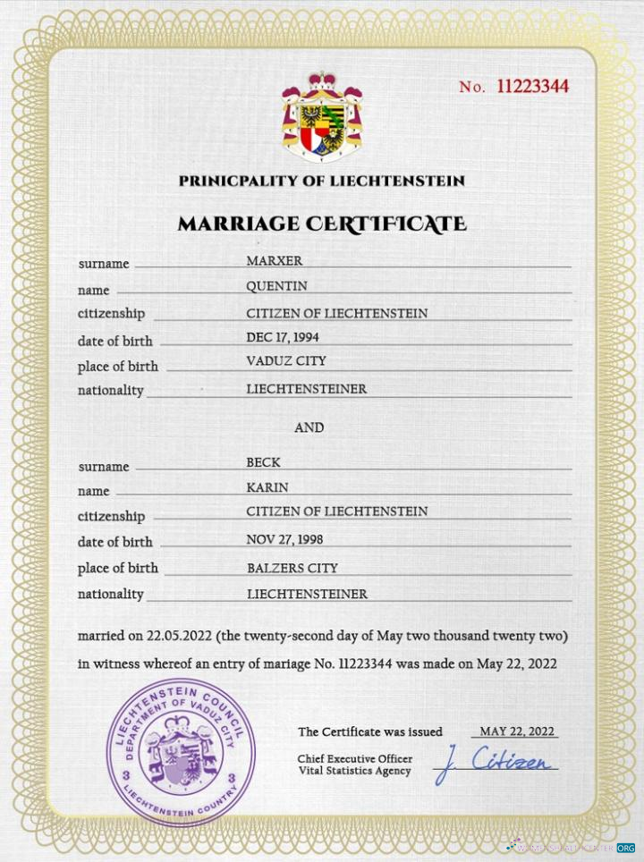 Реалистичный Скачать Лихтенштейн Marriage Certificate PSD Шаблон Photoshop Шаблон