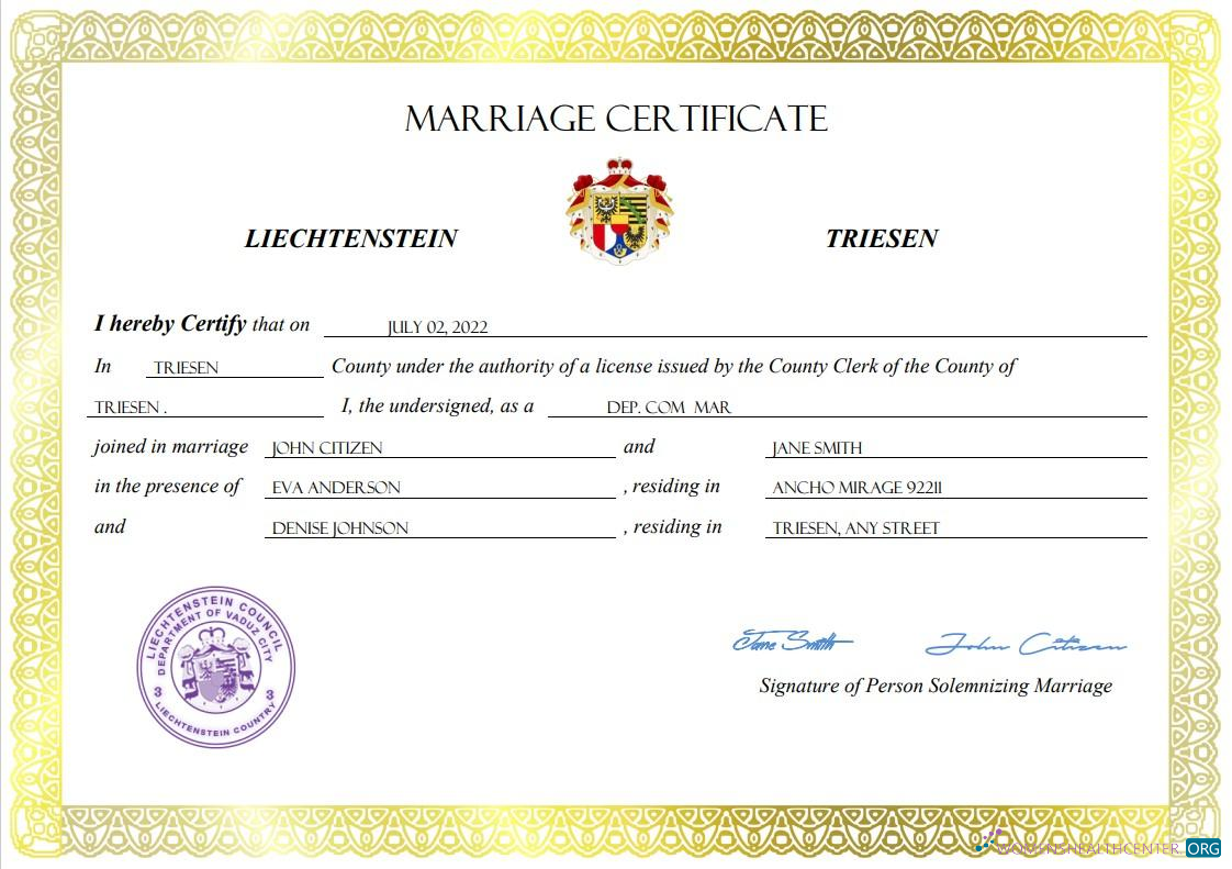 Профессиональный Скачать Лихтенштейн Marriage Certificate Word и PDF Шаблон Photoshop Шаблон