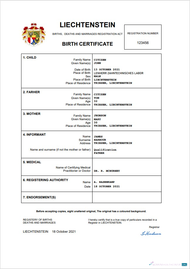 Качественный Скачать Лихтенштейн Vital Record Birth Certificate Word и PDF Шаблон Photoshop Шаблон