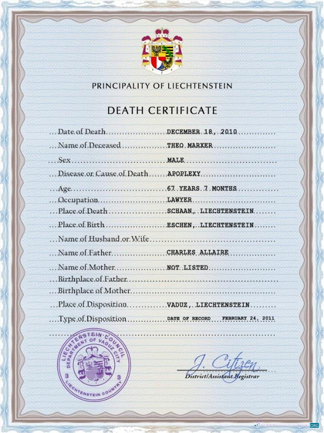 Редактируемый Скачать Лихтенштейн Vital Record Death Certificate PSD Шаблон Photoshop Шаблон