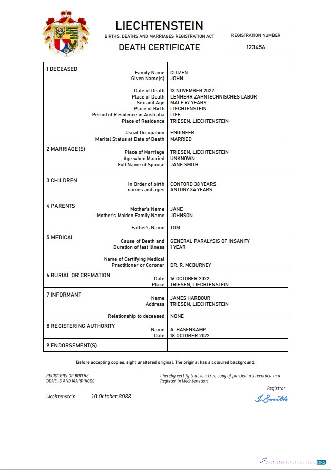 Премиум Скачать Лихтенштейн Vital Record Death Certificate Word и PDF Шаблон Photoshop Шаблон