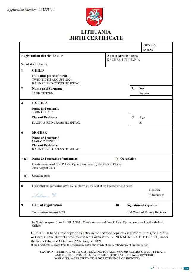 Реалистичный Скачать Литва Birth Certificate Word и PDF Шаблон Photoshop Шаблон