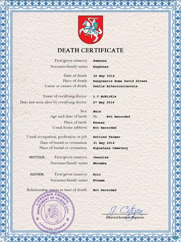Премиум Скачать Литва Death Certificate PSD Шаблон Photoshop Шаблон
