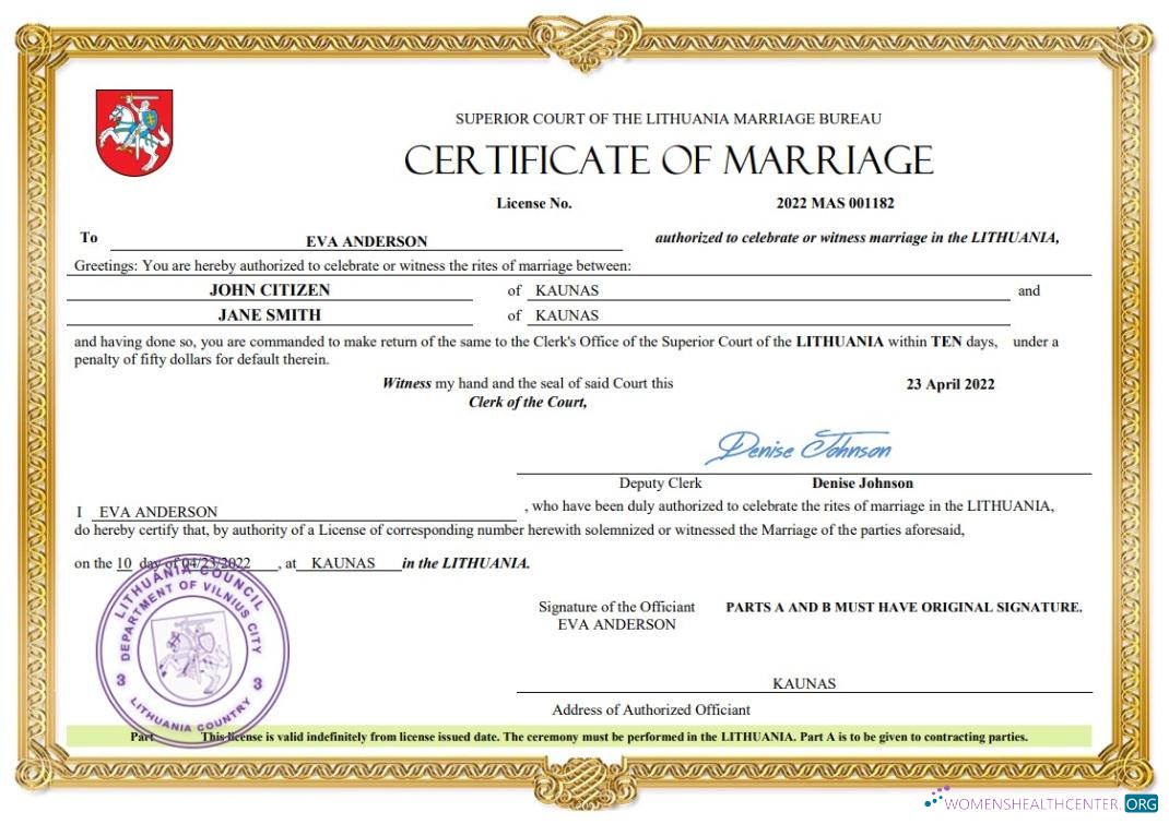 Премиум Скачать Литва Marriage Certificate Word и PDF Шаблон Photoshop Шаблон