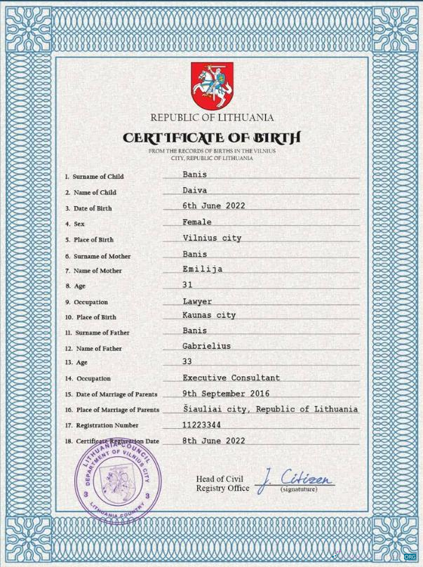 Премиум Скачать Литва Vital Record Birth Certificate PSD Шаблон Photoshop Шаблон