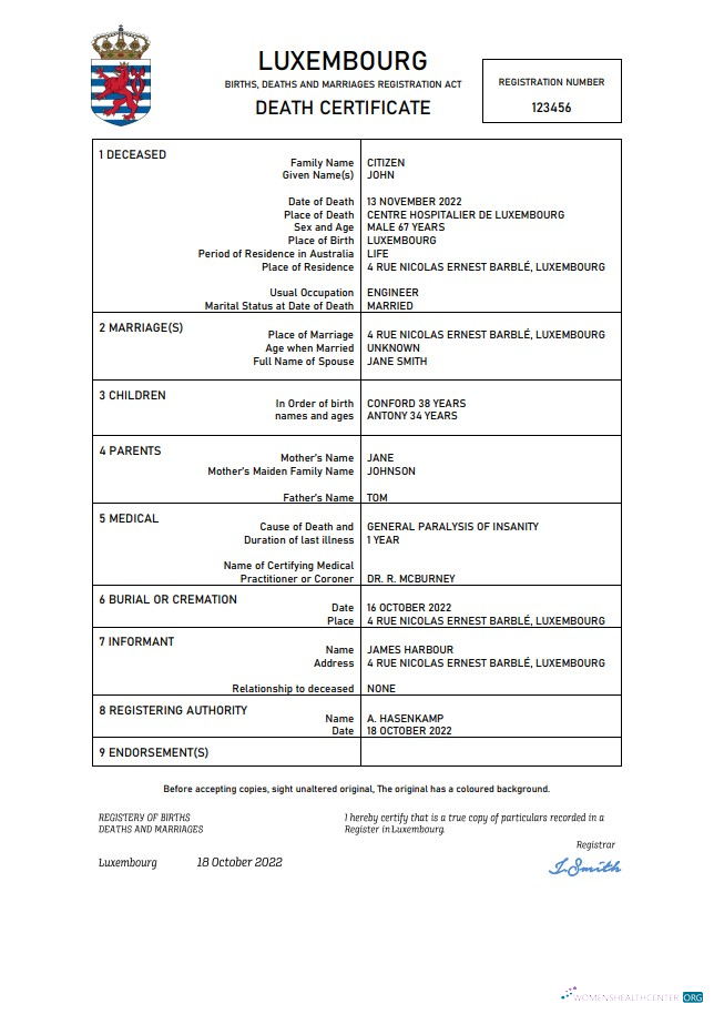 Качественный Скачать Люксембург Death Certificate Word и PDF Шаблон Photoshop Шаблон