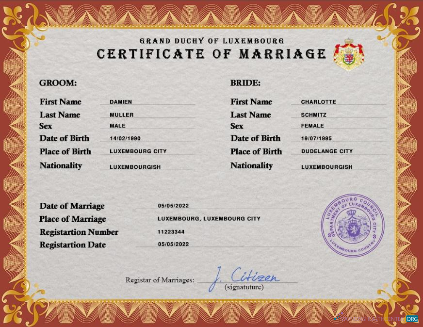 Премиум Скачать Люксембург Marriage Certificate PSD Шаблон Photoshop Шаблон
