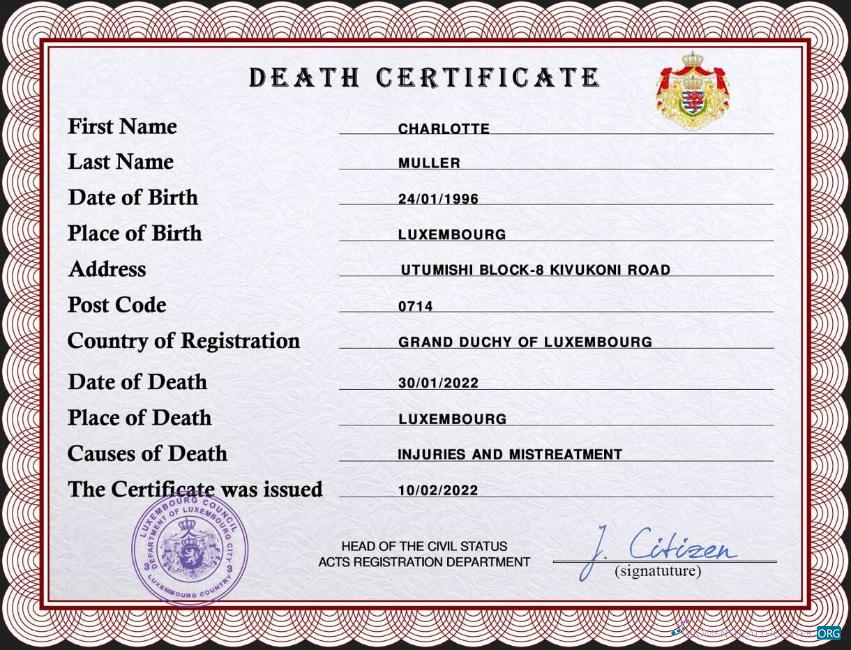 Премиум Скачать Люксембург Vital Record Death Certificate PSD Шаблон Photoshop Шаблон