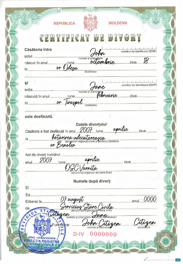 Редактируемый Скачать Молдова Divorce Certificate Photoshop Шаблон