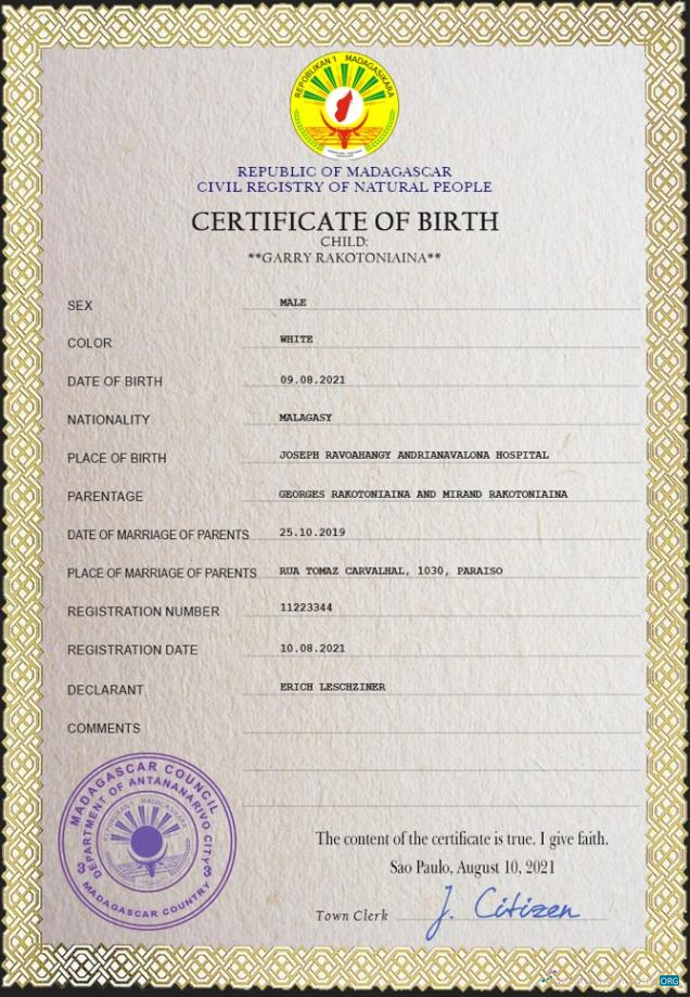 Редактируемый Скачать Мадагаскар Birth Certificate PSD Шаблон Photoshop Шаблон