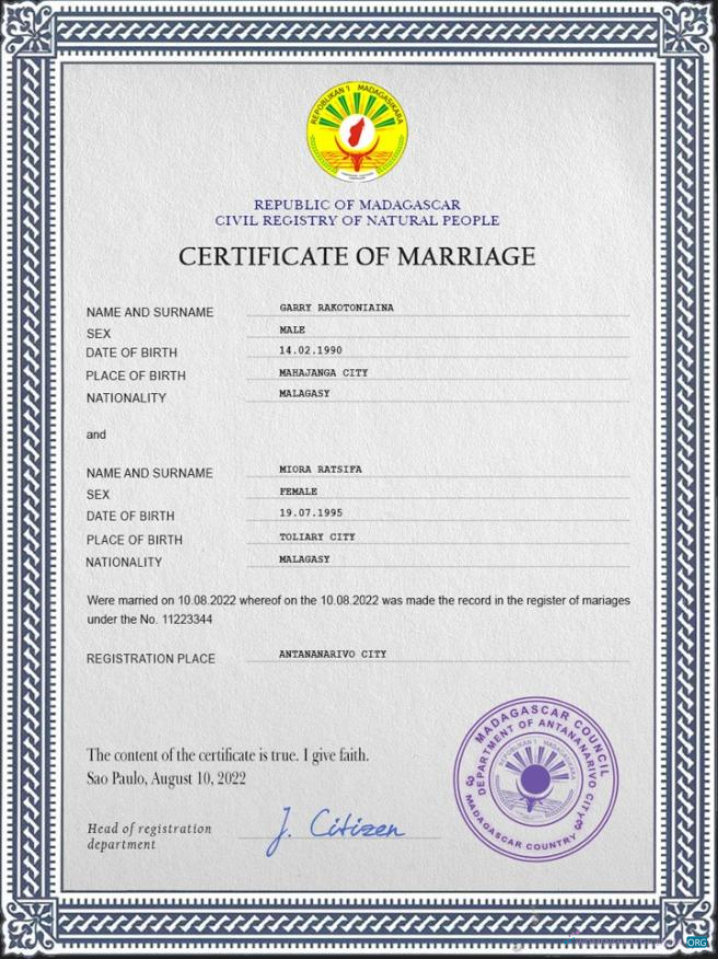 Качественный Скачать Мадагаскар Marriage Certificate PSD Шаблон Photoshop Шаблон