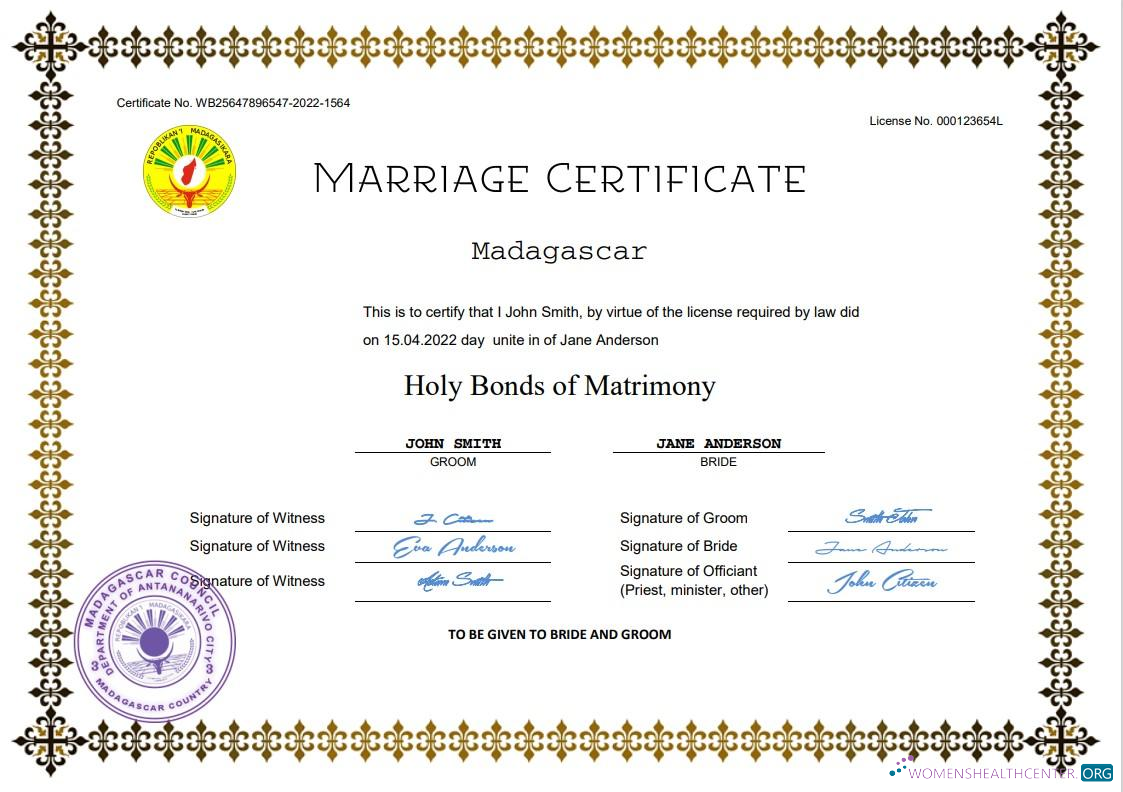 Профессиональный Скачать Мадагаскар Marriage Certificate Word и PDF Шаблон Photoshop Шаблон