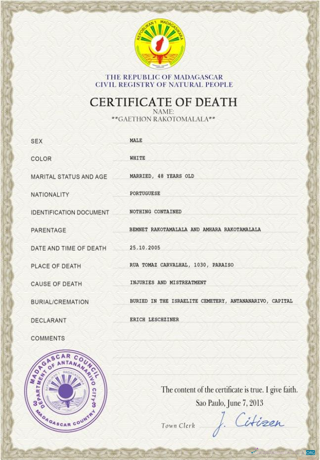 Редактируемый Скачать Мадагаскар Vital Record Death Certificate PSD Шаблон Photoshop Шаблон