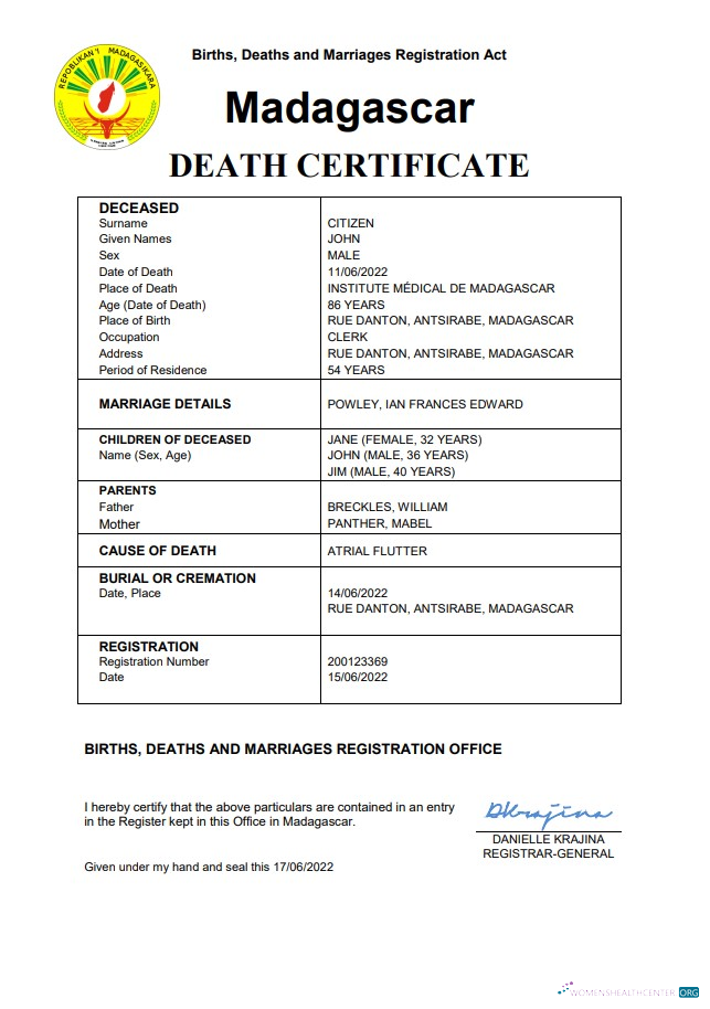 Премиум Скачать Мадагаскар Vital Record Death Certificate Word и PDF Шаблон Photoshop Шаблон