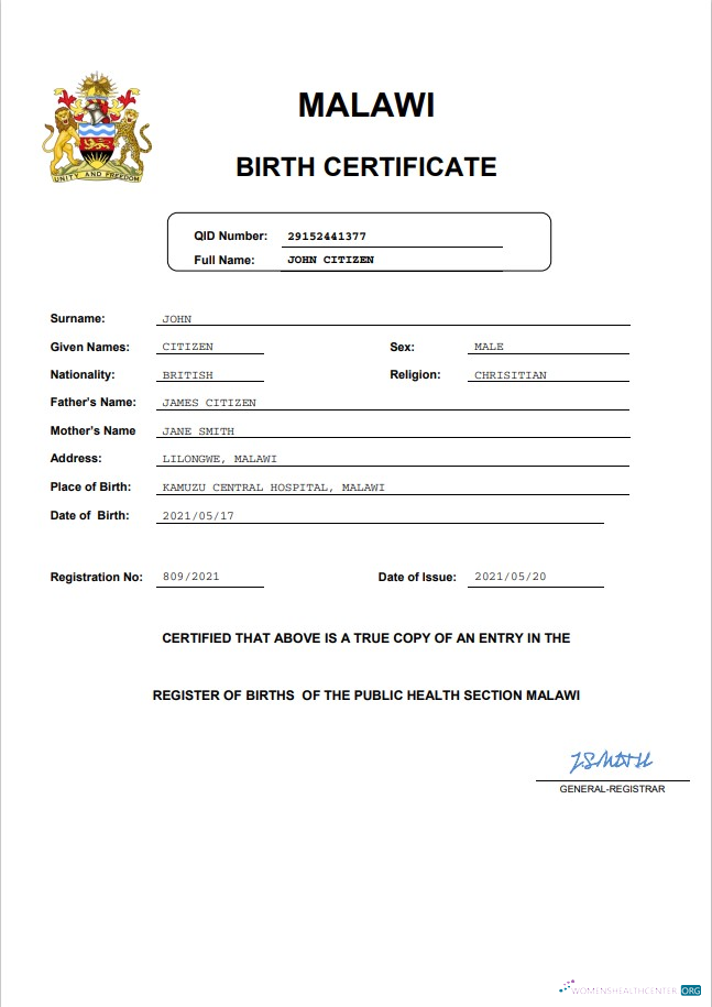 Редактируемый Скачать Малави Birth Certificate Word и PDF Шаблон, Completely Editable Photoshop Шаблон