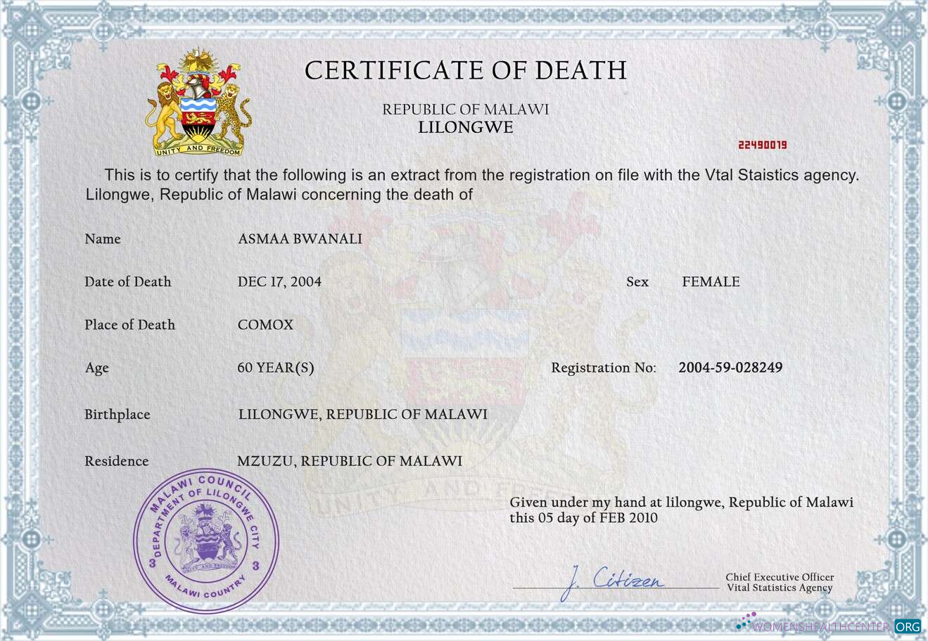 Профессиональный Скачать Малави Death Certificate Photoshop Шаблон