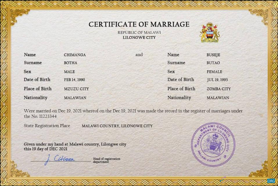 Качественный Скачать Малави Marriage Certificate PSD Шаблон Photoshop Шаблон