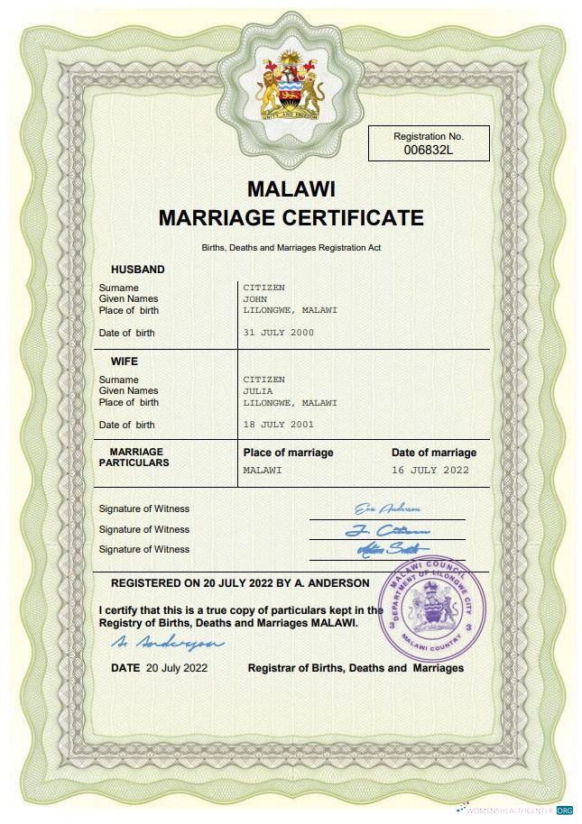 Качественный Скачать Малави Marriage Certificate Word и PDF Шаблон Photoshop Шаблон