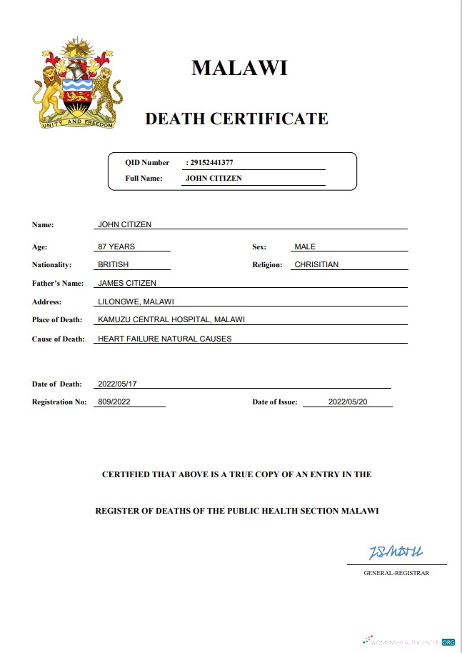 Профессиональный Скачать Малави Vital Record Death Certificate Word и PDF Шаблон Photoshop Шаблон