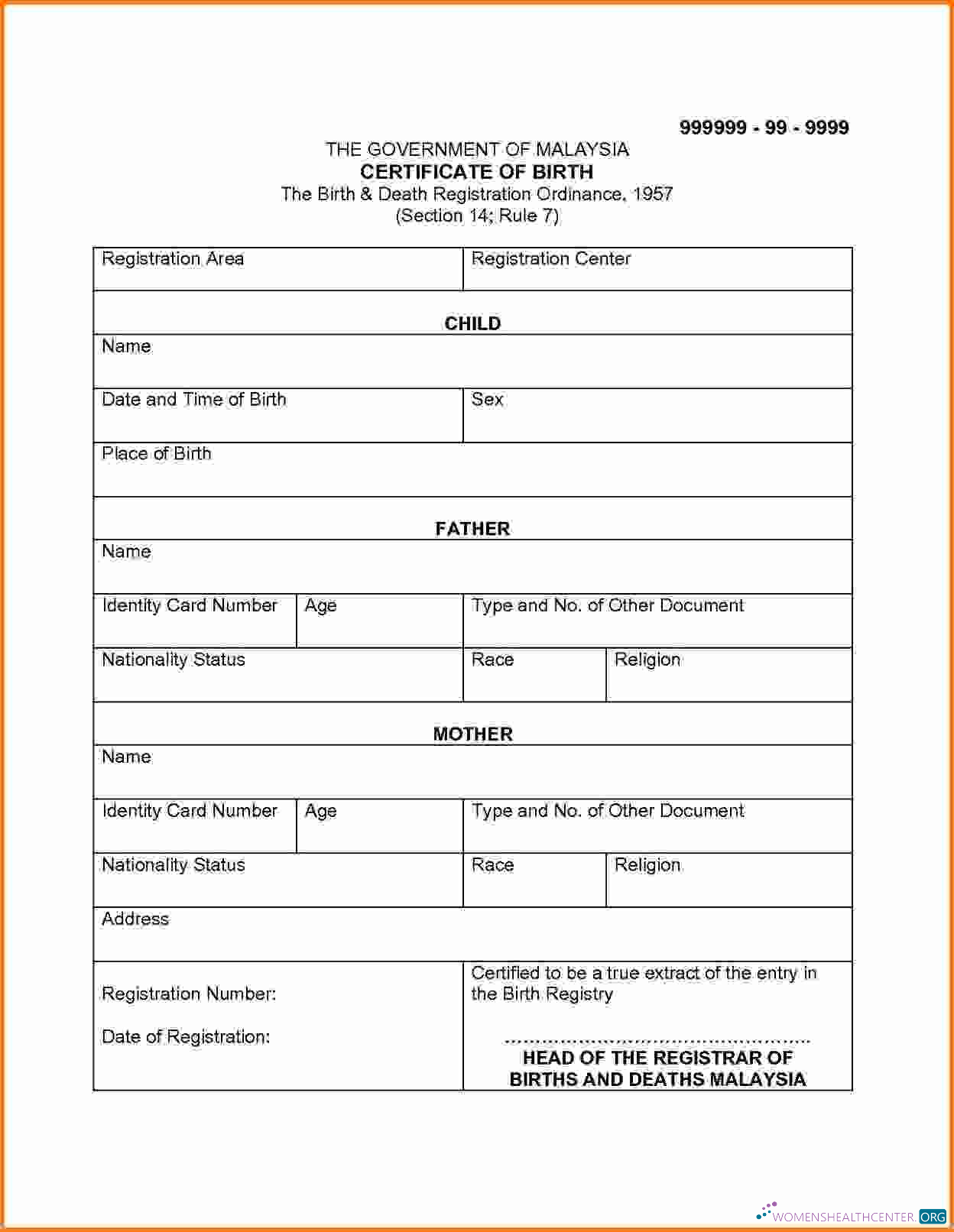 Профессиональный Скачать Малайзия Birth и Death Registration Ordinance Birth Certificate Photoshop Шаблон