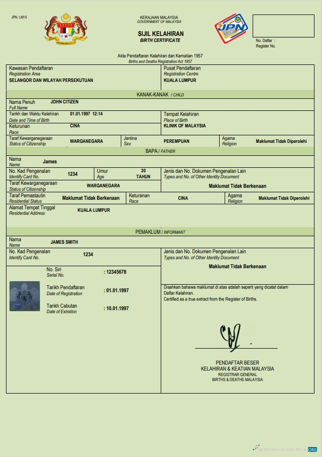 Качественный Скачать Малайзия Birth Certificate Word и PDF Шаблон Photoshop Шаблон