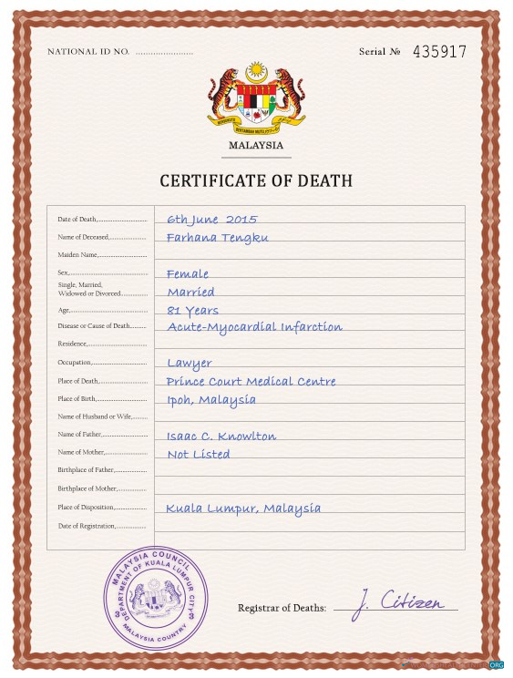 Профессиональный Скачать Малайзия Death Certificate PSD Шаблон Photoshop Шаблон