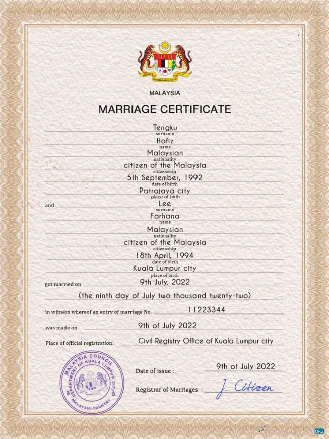 Реалистичный Скачать Малайзия Marriage Certificate PSD Шаблон Photoshop Шаблон