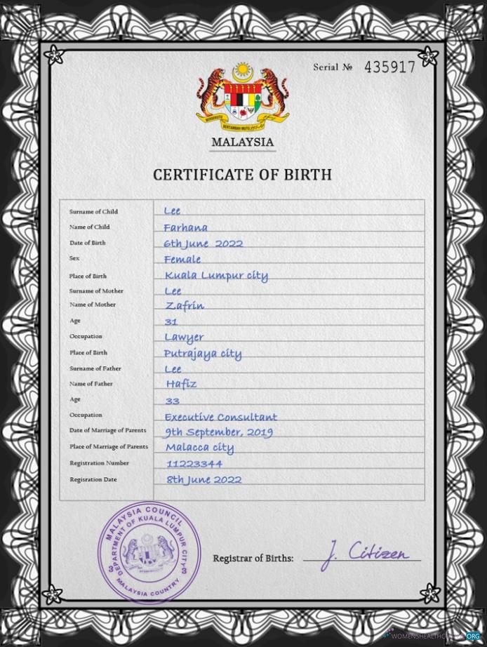 Профессиональный Скачать Малайзия Vital Record Birth Certificate PSD Шаблон Photoshop Шаблон
