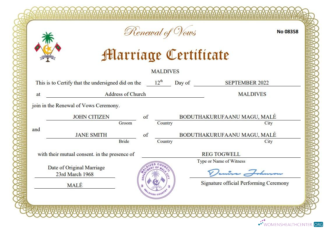 Редактируемый Скачать Мальдивы Marriage Certificate Word и PDF Шаблон Photoshop Шаблон