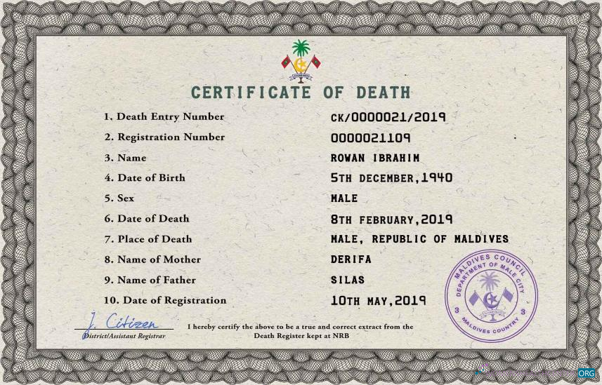 Качественный Скачать Мальдивы Vital Record Death Certificate PSD Шаблон Photoshop Шаблон
