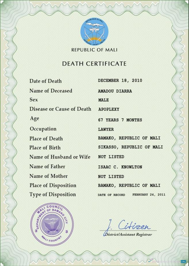 Качественный Скачать Мали Death Certificate PSD Шаблон Photoshop Шаблон