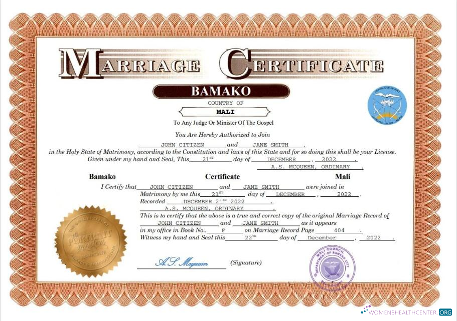 Реалистичный Скачать Мали Marriage Certificate Word и PDF Шаблон Photoshop Шаблон