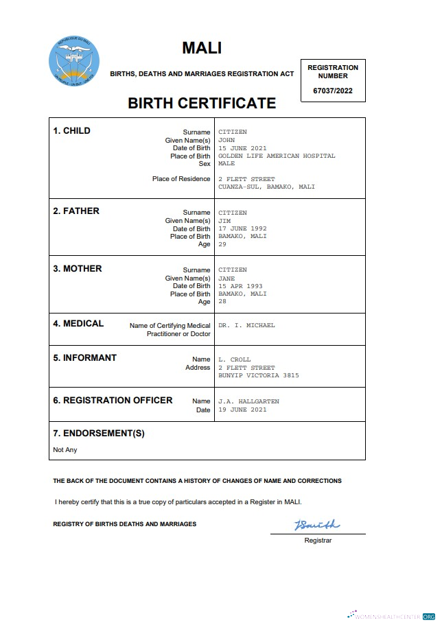 Премиум Скачать Мали Vital Record Birth Certificate Word и PDF Шаблон Photoshop Шаблон