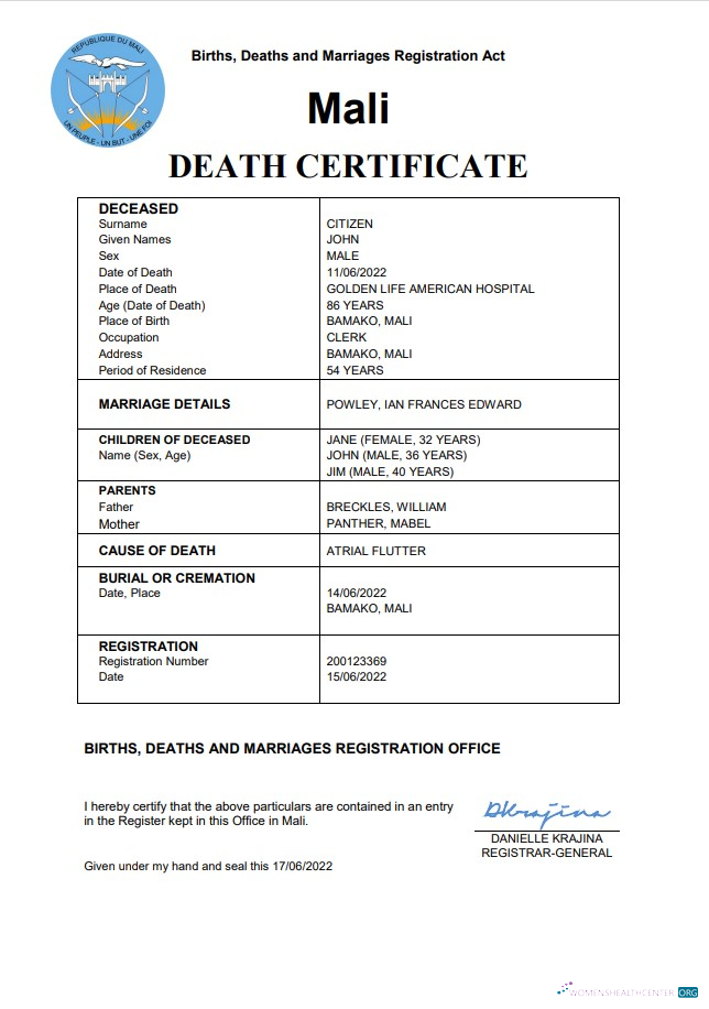 Премиум Скачать Мали Vital Record Death Certificate Word и PDF Шаблон Photoshop Шаблон