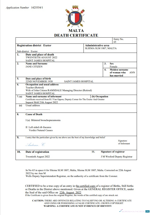 Премиум Скачать Мальта Death Certificate Word и PDF Шаблон Photoshop Шаблон
