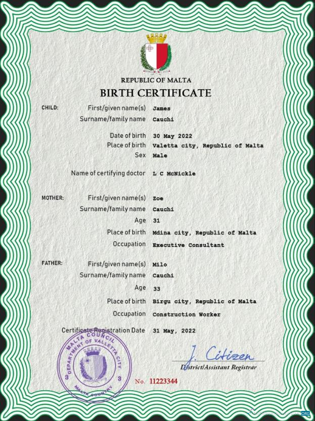 Профессиональный Скачать Мальта Vital Record Birth Certificate PSD Шаблон Photoshop Шаблон