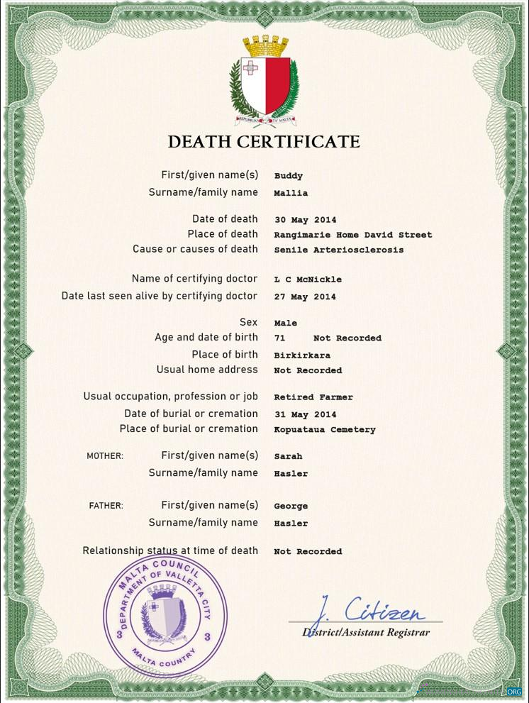 Реалистичный Скачать Мальта Vital Record Death Certificate PSD Шаблон Photoshop Шаблон