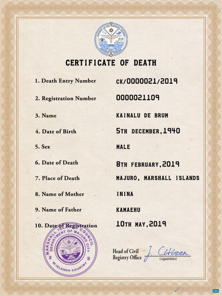 Качественный Скачать Marshall Острова Death Certificate PSD Шаблон Photoshop Шаблон