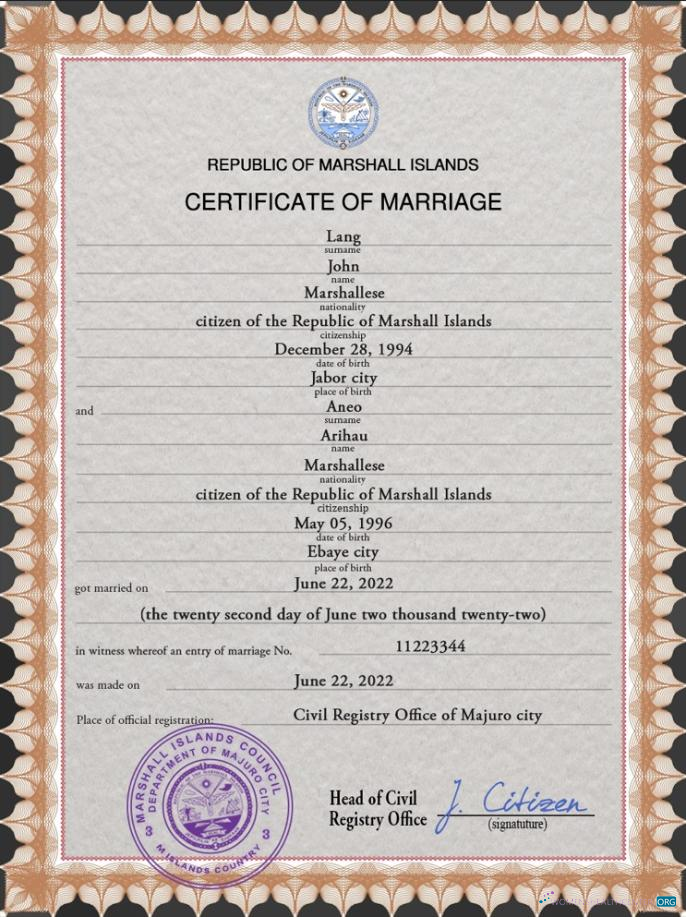 Профессиональный Скачать Marshall Острова Marriage Certificate PSD Шаблон Photoshop Шаблон