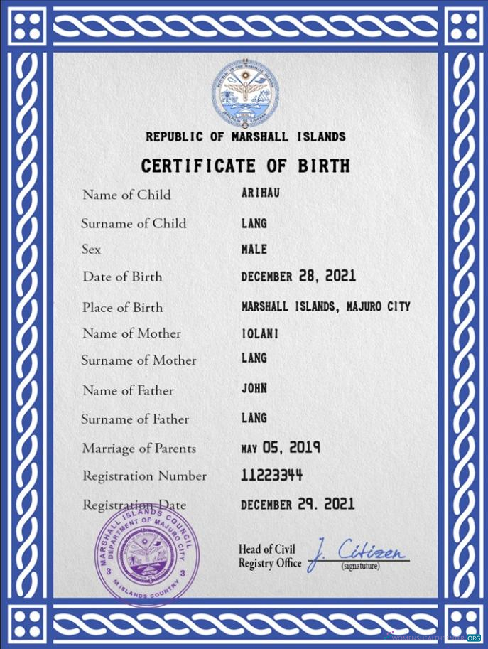 Профессиональный Скачать Marshall Острова Vital Record Birth Certificate PSD Шаблон Photoshop Шаблон