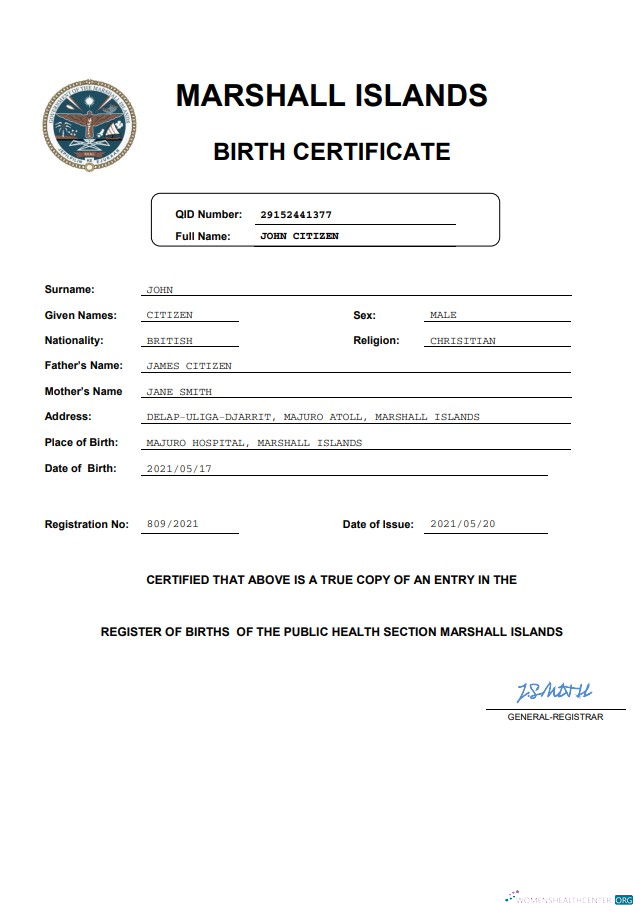Реалистичный Скачать Marshall Острова Vital Record Birth Certificate Word и PDF Шаблон Photoshop Шаблон