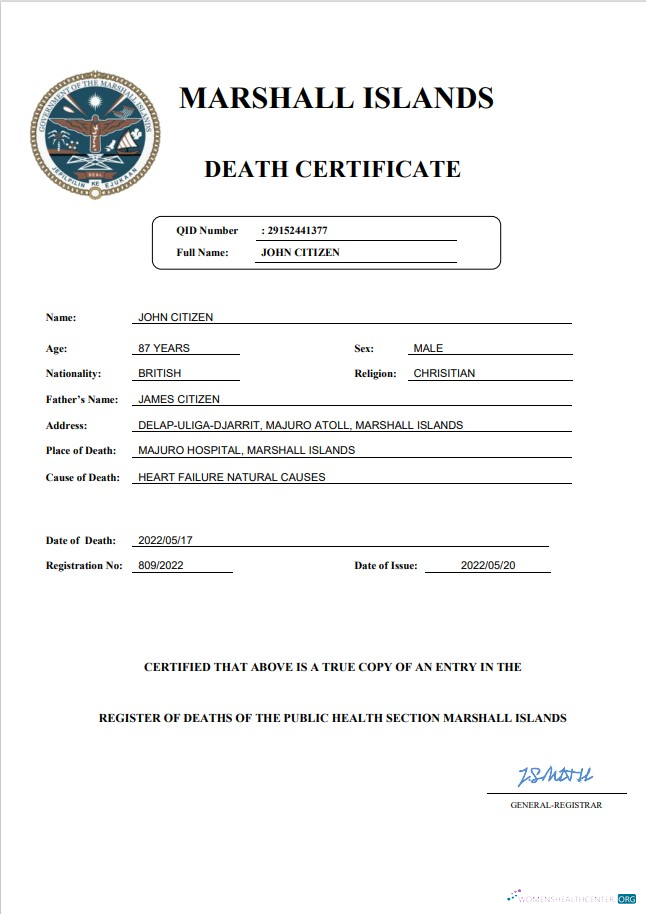 Профессиональный Скачать Marshall Острова Vital Record Death Certificate Word и PDF Шаблон Photoshop Шаблон